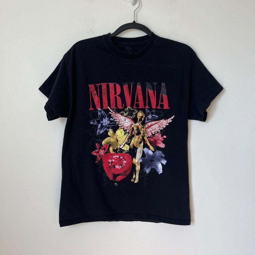 Nirvana In Utero Floral Graphic Print T-Shirt Medium Black